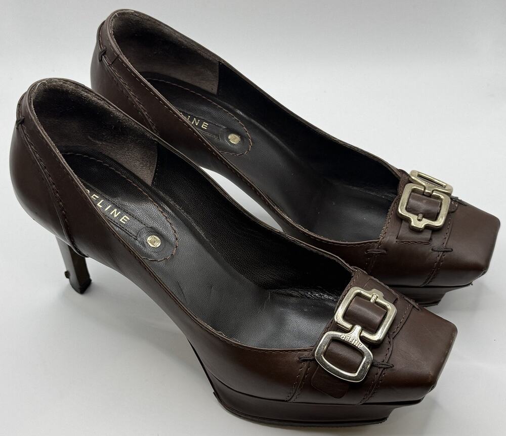 Celine Closed Toe Leather Pumps Brown Size 36.5 US 6.5 Made in Italy Womens